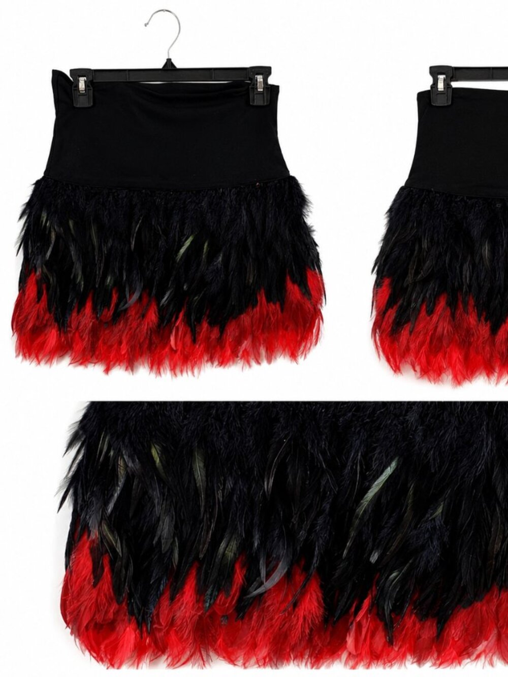 bebe Addiction Ombre Feather Mini Skirt Black Red XS, minor flaw